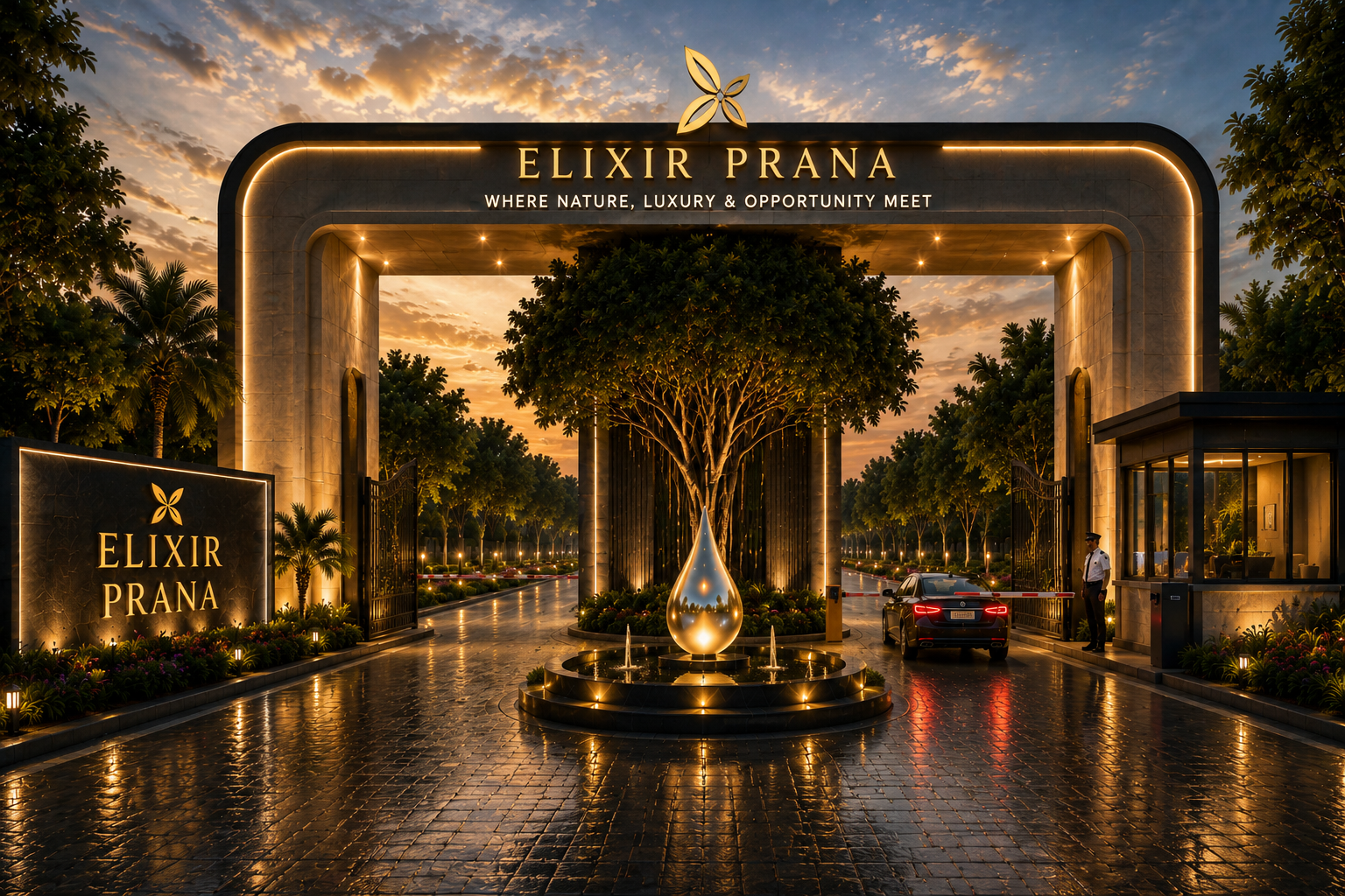 Elixir Prana grand entrance arch at sunset